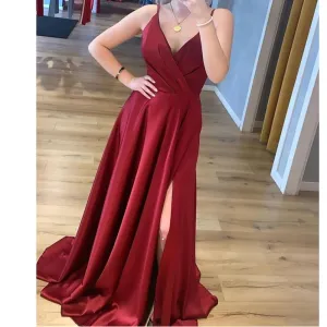 spaghetti strap burgundy prom dresses long v neck satin elegant cheap prom gown vestidos de fiesta