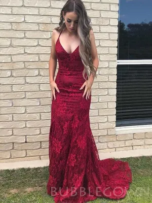 Spaghetti Straps Burgundy Lace Mermaid Long Backless Evening Prom Dresses, MR8060