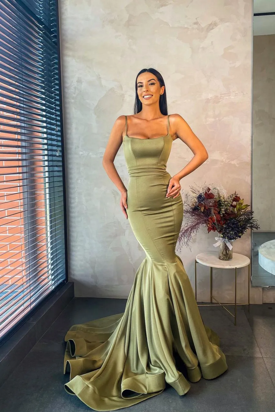 Spaghetti Straps Chiffon Green Mermaid Evening Dress Long