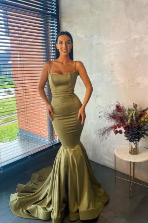 Spaghetti Straps Chiffon Green Mermaid Evening Dress Long
