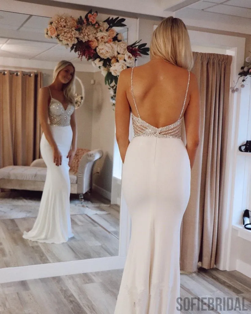 Spaghetti Straps Mermaid V-neck Beading Ivory Prom Dresses, PD0058