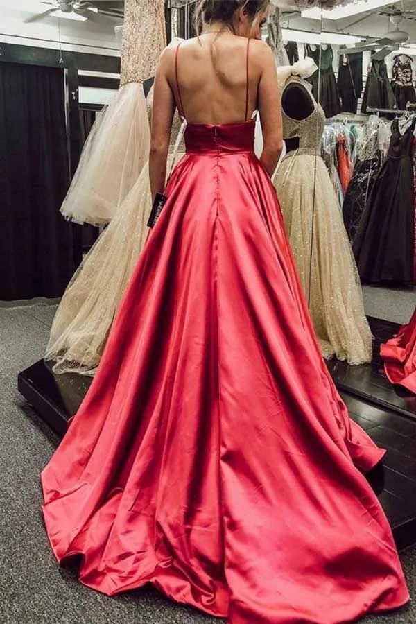Spaghetti Straps Red Prom Dresses Pockets Long Evening Gowns Backless,MP544
