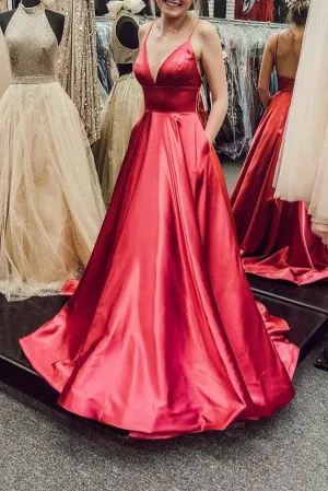Spaghetti Straps Red Prom Dresses Pockets Long Evening Gowns Backless,MP544