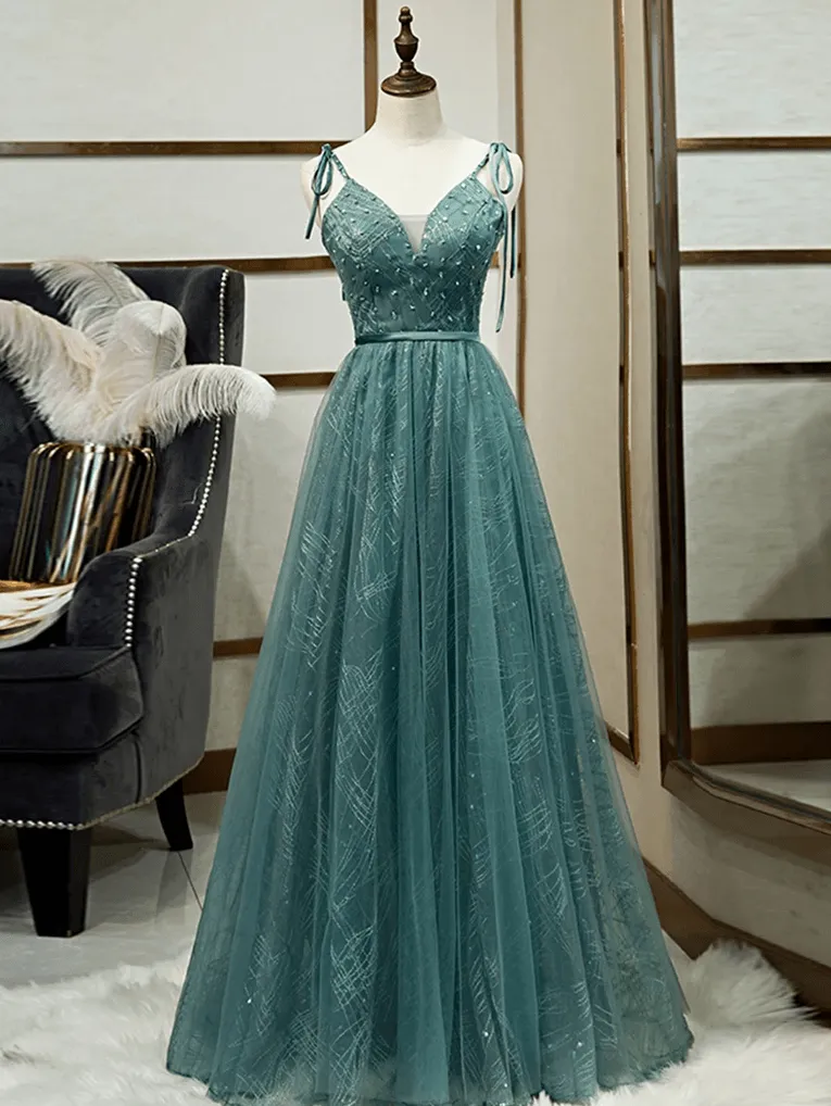 Spaghetti Straps Tulle Modest A Line Evening Dress Long Prom Dress TP0947