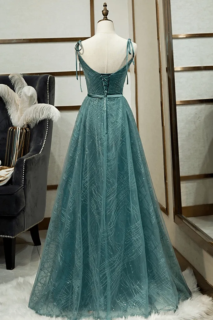 Spaghetti Straps Tulle Modest A Line Evening Dress Long Prom Dress TP0947