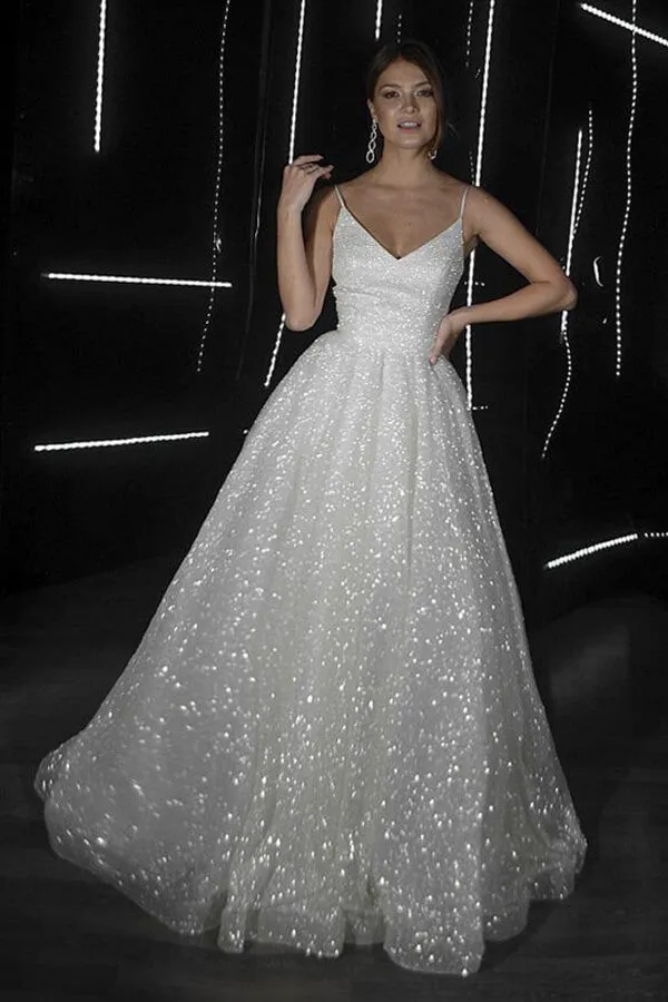 Sparkly A-line V-neck Spaghetti Straps Wedding Dresses, Bridal Gowns, MW688