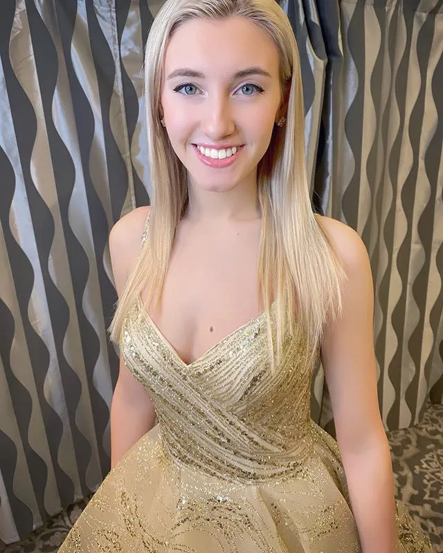 Sparkly Gold Prom Dresses Sexy Spaghetti Straps A-line Lace Organza Long Homecoming Party Gowns 2021