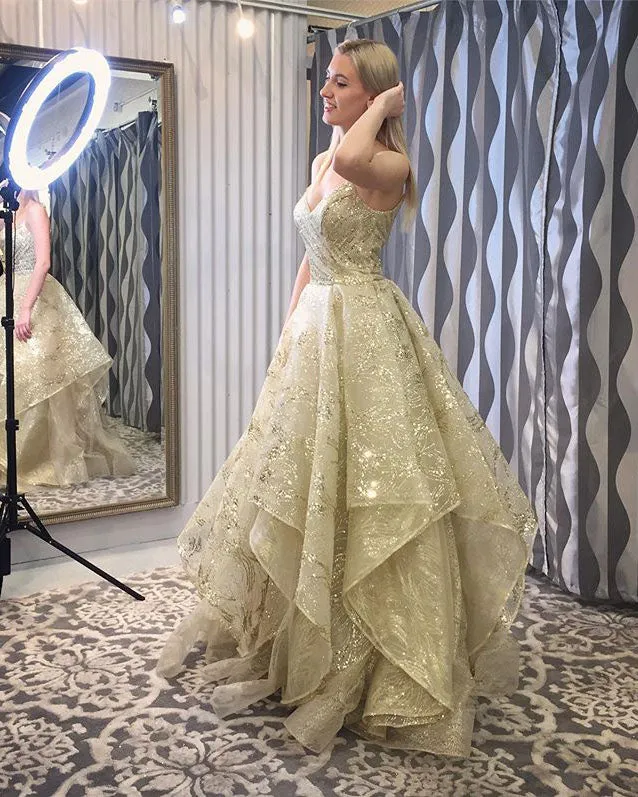 Sparkly Gold Prom Dresses Sexy Spaghetti Straps A-line Lace Organza Long Homecoming Party Gowns 2021