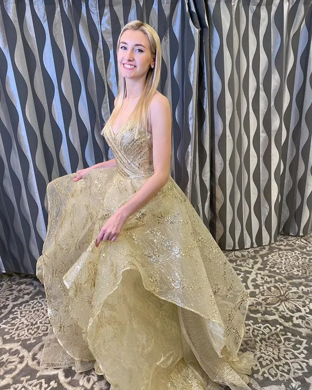 Sparkly Gold Prom Dresses Sexy Spaghetti Straps A-line Lace Organza Long Homecoming Party Gowns 2021