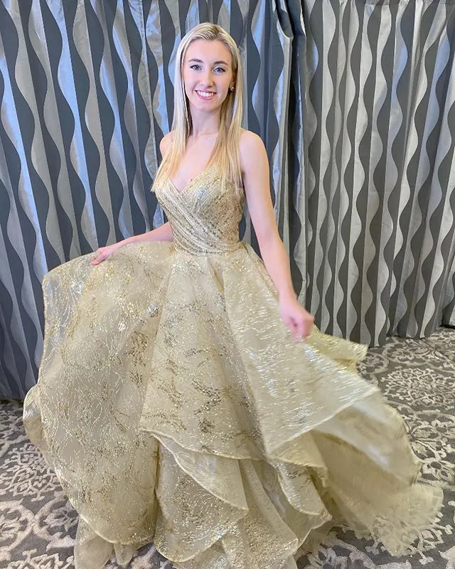 Sparkly Gold Prom Dresses Sexy Spaghetti Straps A-line Lace Organza Long Homecoming Party Gowns 2021