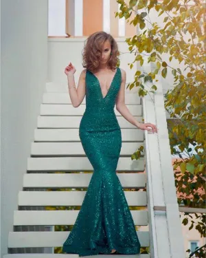 Sparkly Hunter Green Sequined Mermaid Evening Dresses with V-Neck 2018 Sexy Mermaid Prom Dress