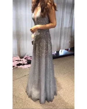Sparkly Prom Dresses with Silver Beadings Pearls Sexy V-Neck Evening Party Gowns