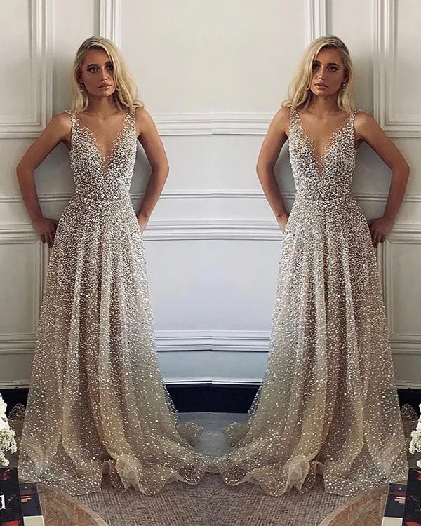Sparkly Prom Dresses with Silver Beadings Pearls Sexy V-Neck Evening Party Gowns
