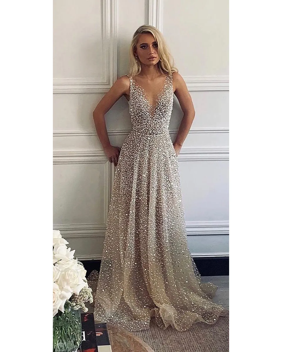 Sparkly Prom Dresses with Silver Beadings Pearls Sexy V-Neck Evening Party Gowns