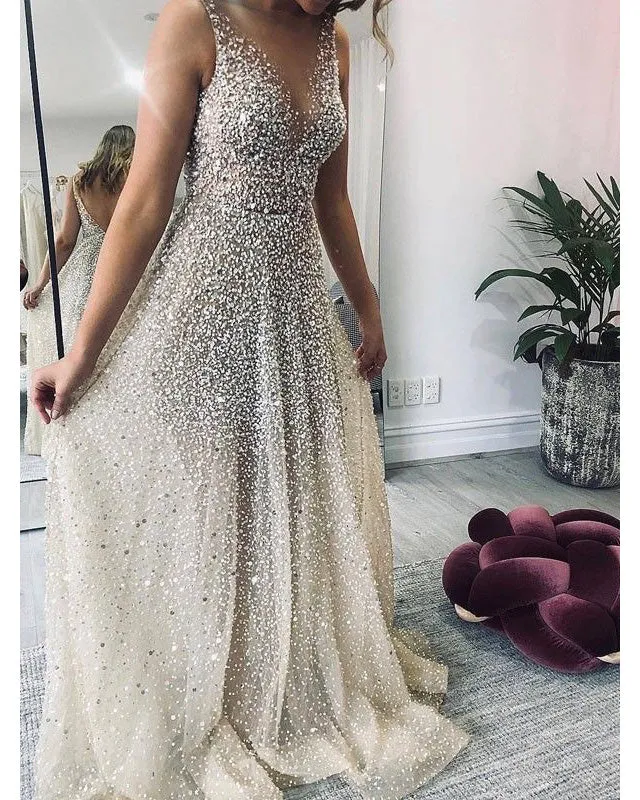 Sparkly Prom Dresses with Silver Beadings Pearls Sexy V-Neck Evening Party Gowns