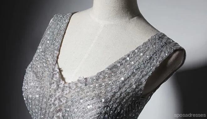 Sparkly V Neckline Gray Lace Evening Prom Dresses, Popular Lace Party Prom Dresses, Custom Long Prom Dresses, Cheap Formal Prom Dresses, 17182