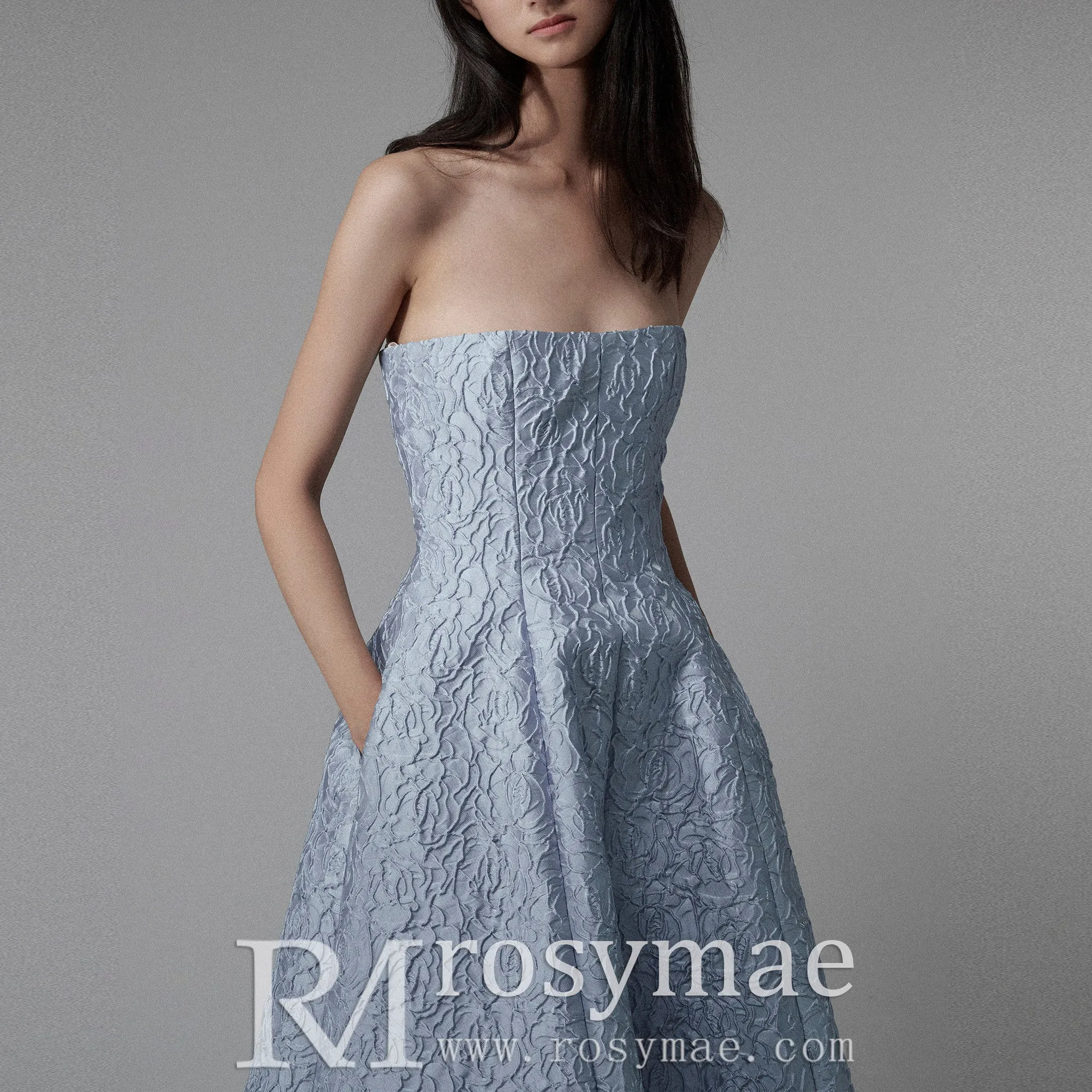 Strapless Light Blue Evening Dress Party Gowns with Pocket