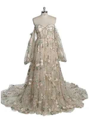 Strapless Long Sleeves Embroidery Floral Wedding Dresses with Color Beading Pearls Dress Photo Shoots Gowns YW230306