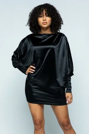 Stretch Satin Long Puff Sleeve Mini Dress