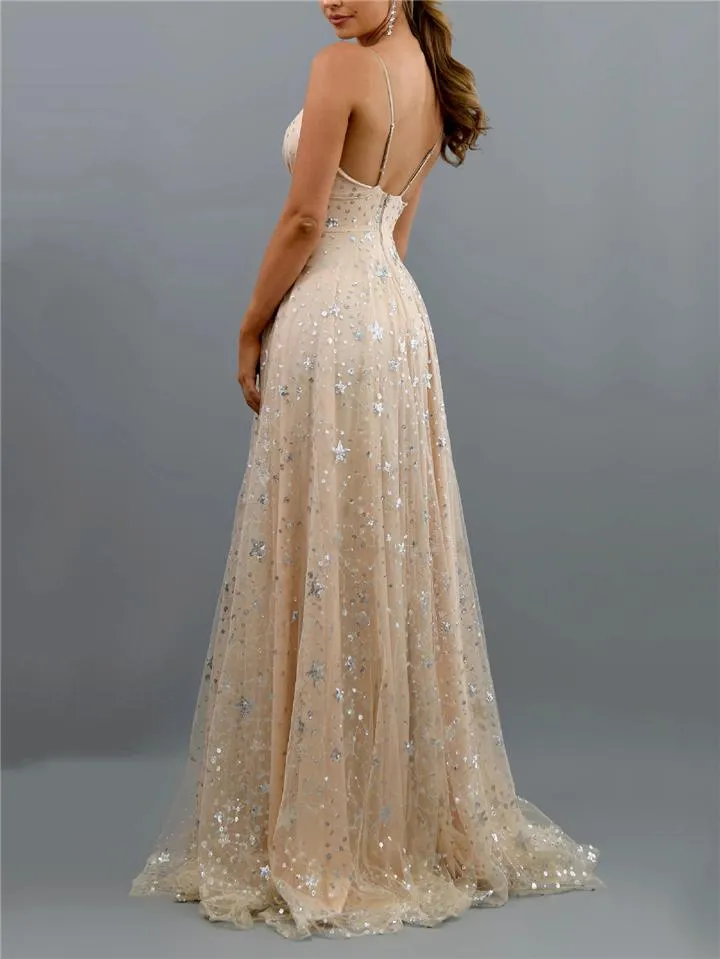Stunning Low V Neck Spaghetti Strap Thigh High Slit Dress for Prom