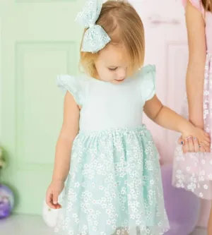 Sweet Wink - Aqua Ditsy Daisy Easter Tiered Short Sleeve Tutu Dress