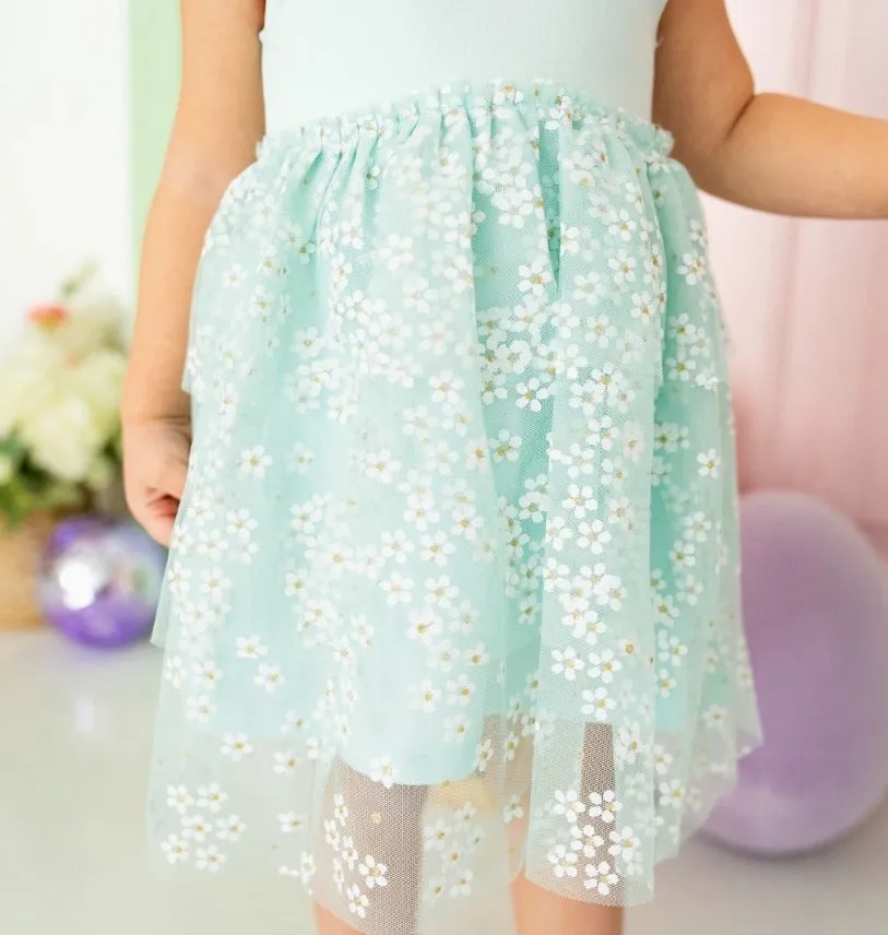 Sweet Wink - Aqua Ditsy Daisy Easter Tiered Short Sleeve Tutu Dress