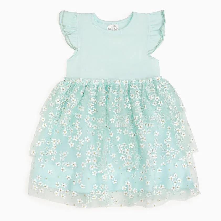 Sweet Wink - Aqua Ditsy Daisy Easter Tiered Short Sleeve Tutu Dress