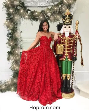 Sweetheart Red Lace Prom Dresses