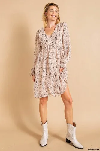 Taupe Mix Print Elastic Waist L/S Dress