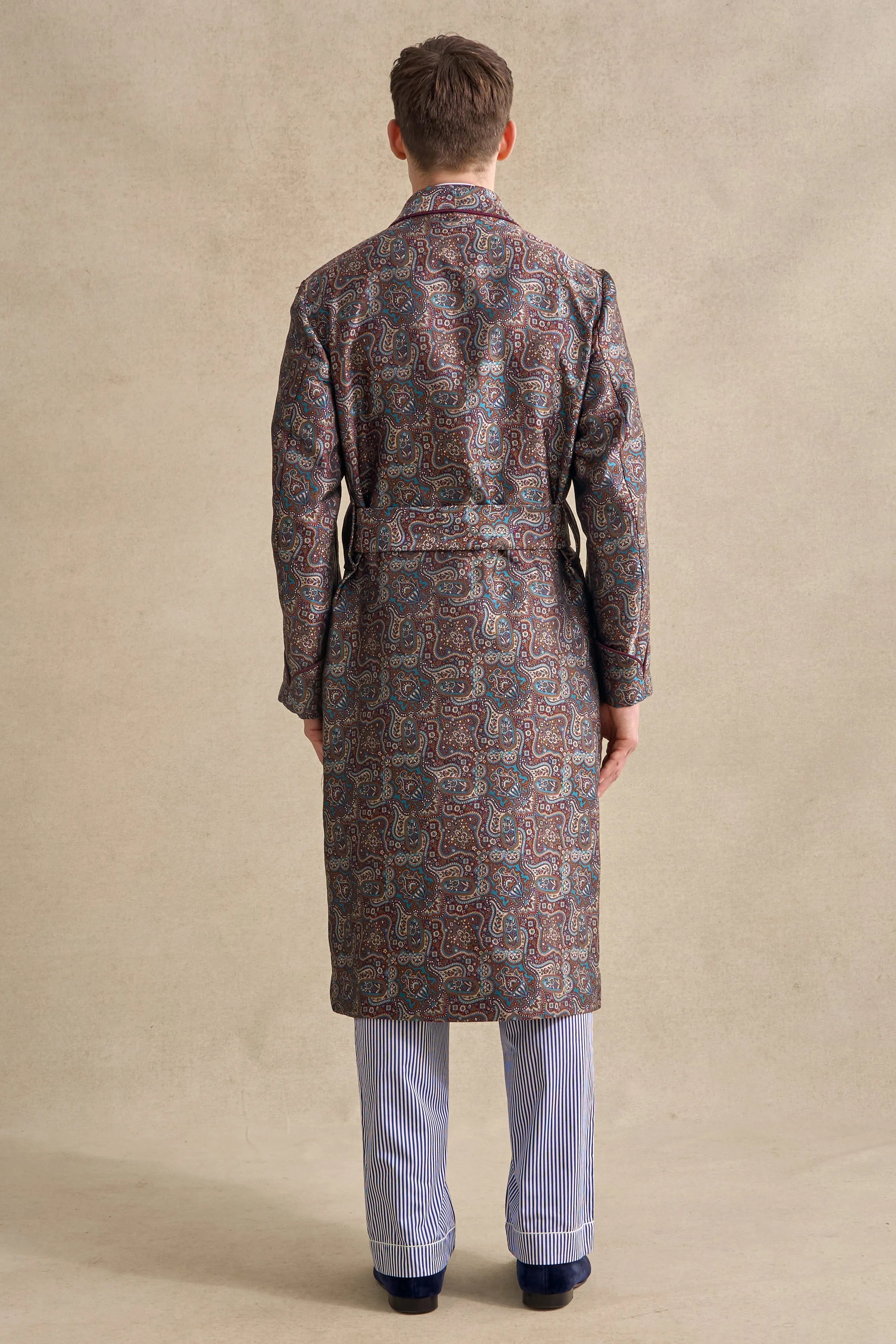 Teal & Burgundy Paisley Unlined Silk Dressing Gown