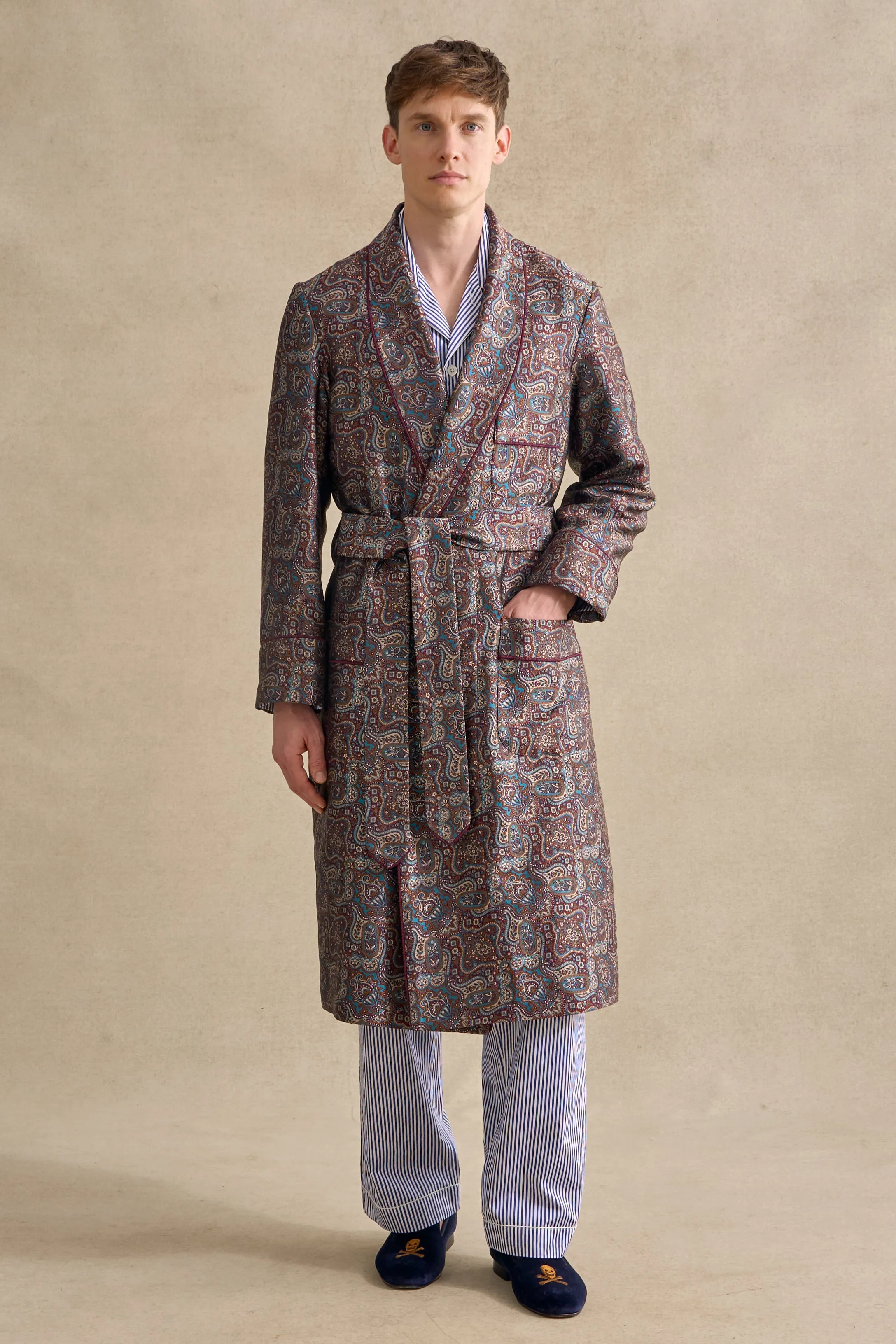 Teal & Burgundy Paisley Unlined Silk Dressing Gown