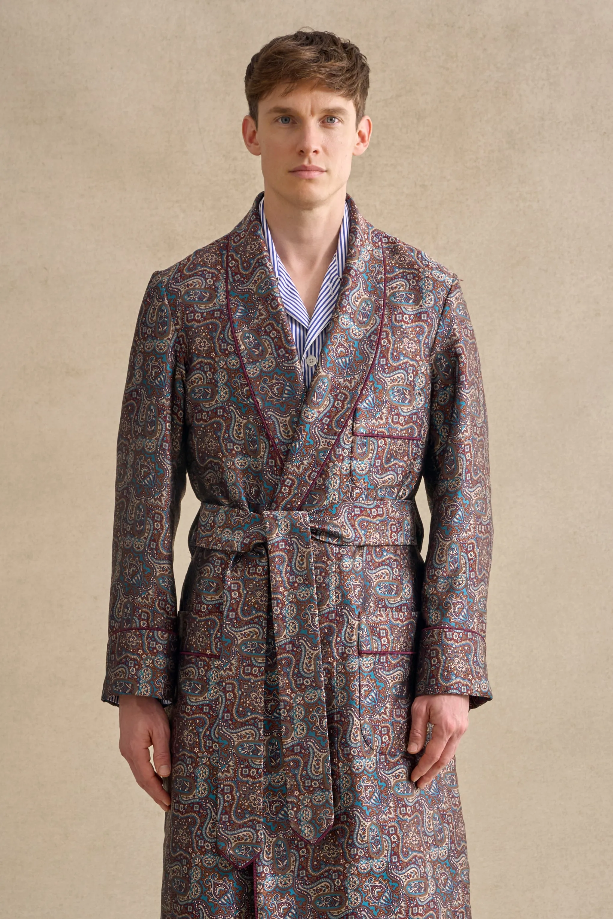 Teal & Burgundy Paisley Unlined Silk Dressing Gown
