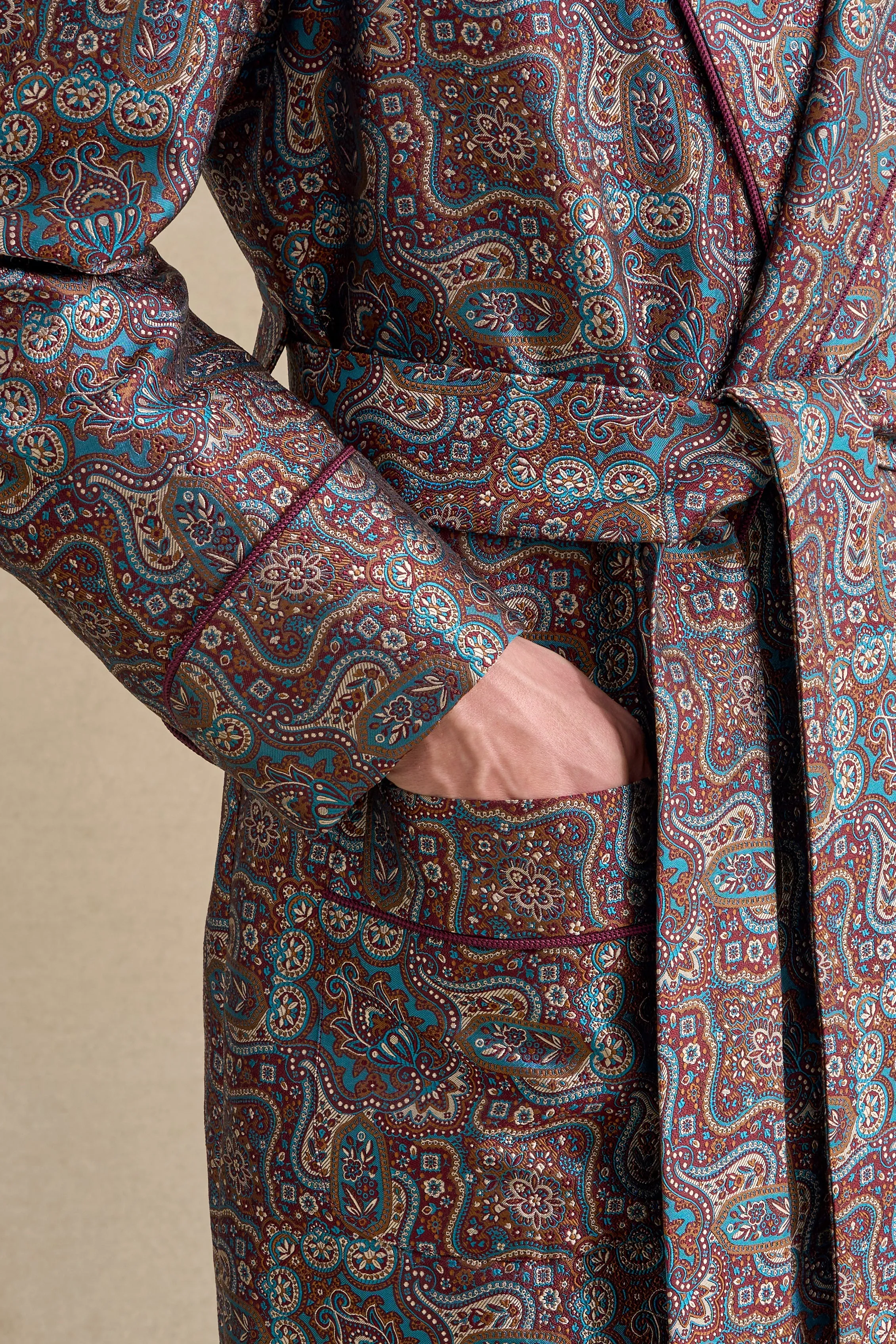 Teal & Burgundy Paisley Unlined Silk Dressing Gown