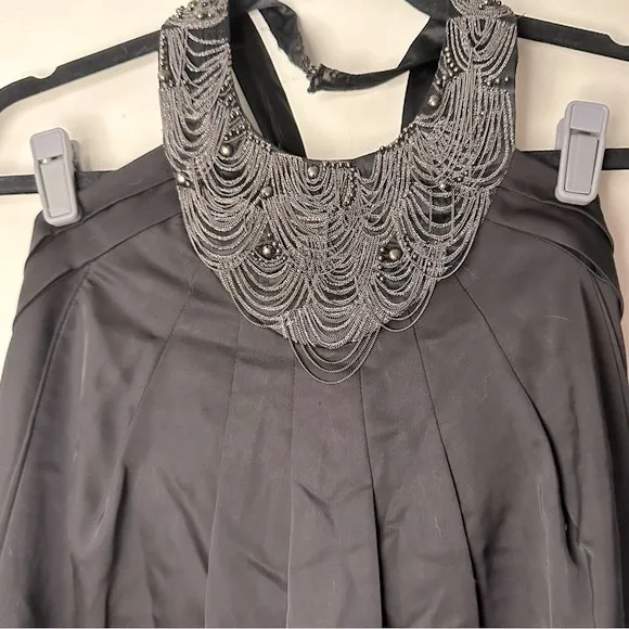 Ted Baker Black Heavily Jeweled Chains Collar Neck Viscose Silk Cocktail Dress S
