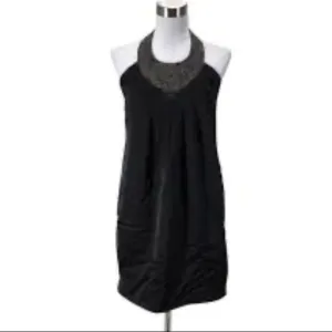 Ted Baker Black Heavily Jeweled Chains Collar Neck Viscose Silk Cocktail Dress S