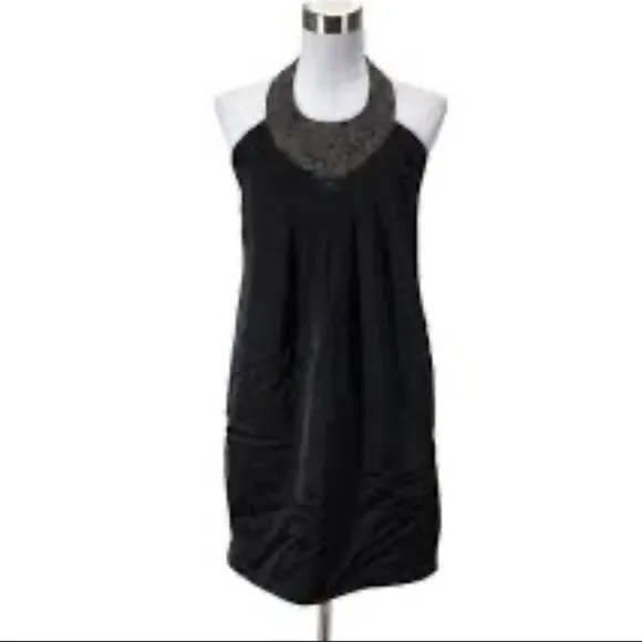 Ted Baker Black Heavily Jeweled Chains Collar Neck Viscose Silk Cocktail Dress S