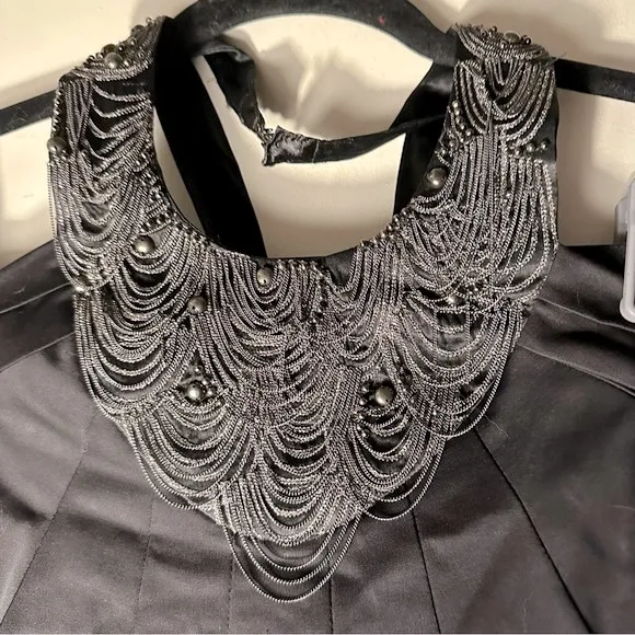 Ted Baker Black Heavily Jeweled Chains Collar Neck Viscose Silk Cocktail Dress S