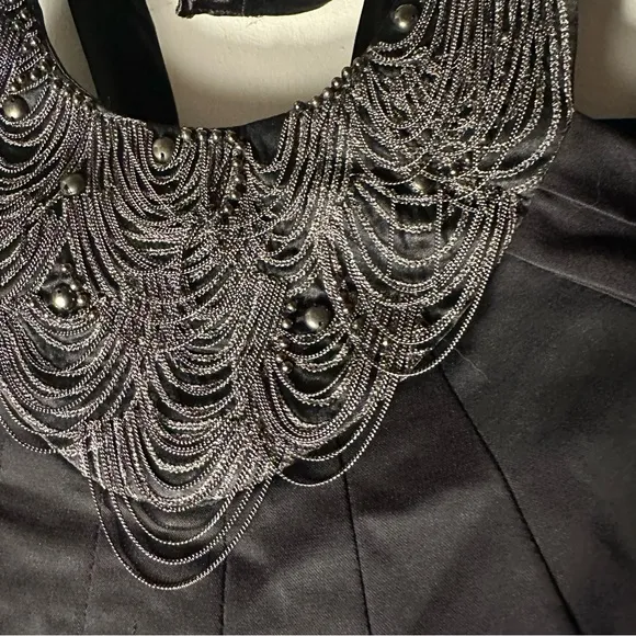Ted Baker Black Heavily Jeweled Chains Collar Neck Viscose Silk Cocktail Dress S