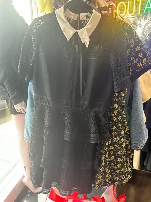 Ted Baker Black Lace Star Tiered Collared Dress with White Collar
