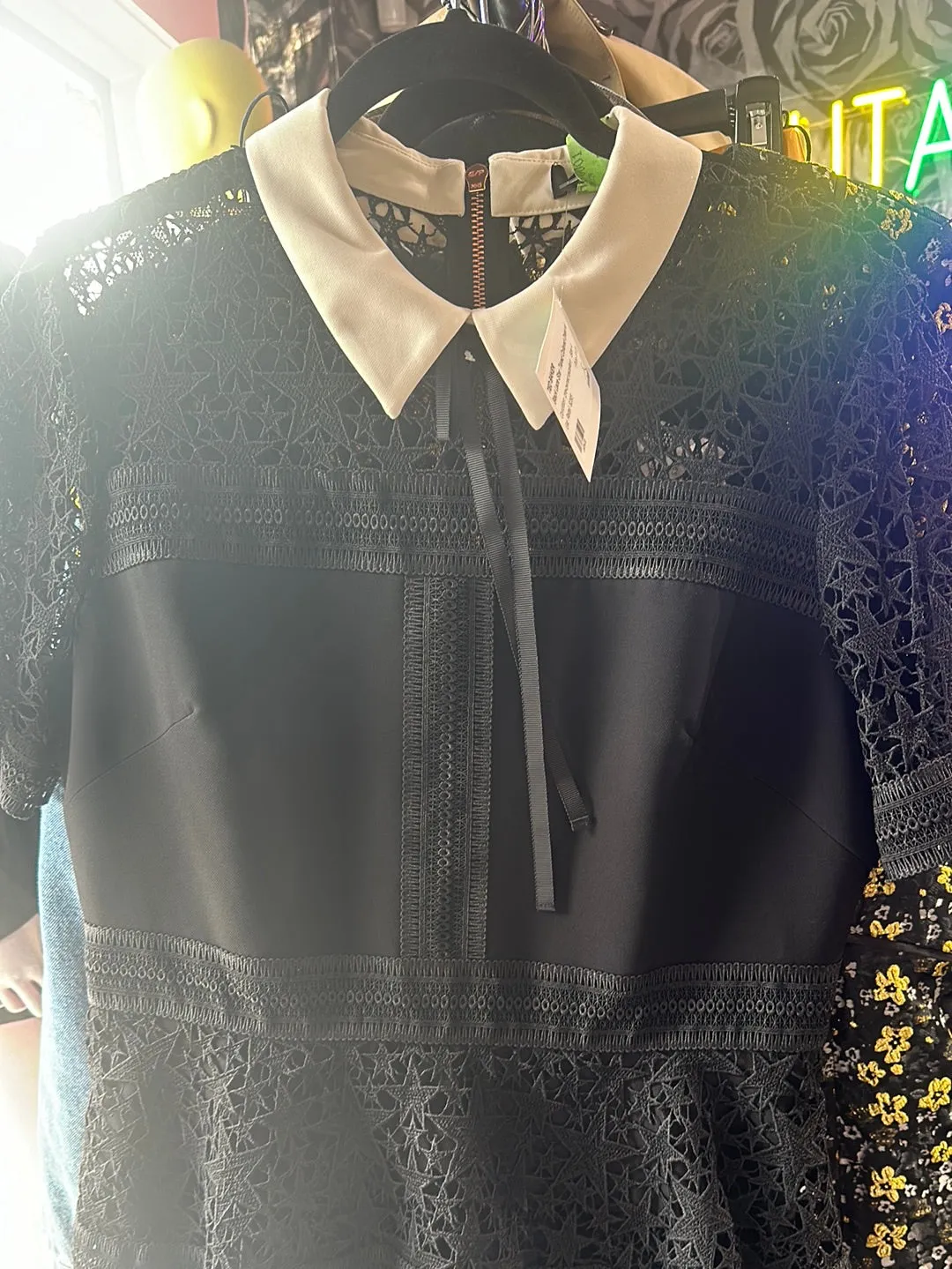 Ted Baker Black Lace Star Tiered Collared Dress with White Collar