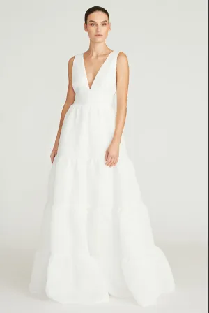 Theia - Regina V Neck Tiered Gown - White