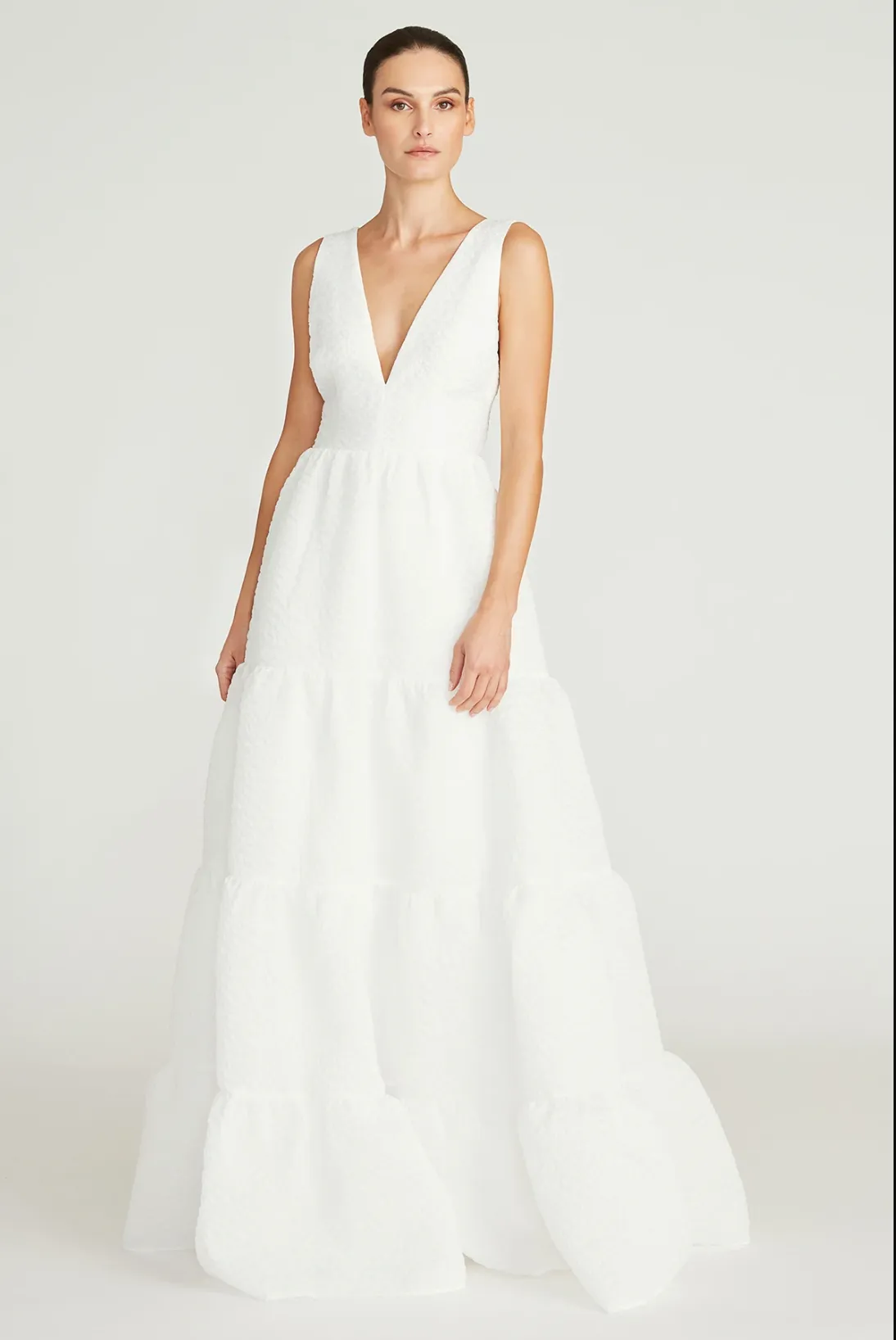 Theia - Regina V Neck Tiered Gown - White