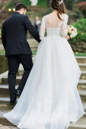 Three Quarter Sleeves Wedding Dresses with Lace Bodice