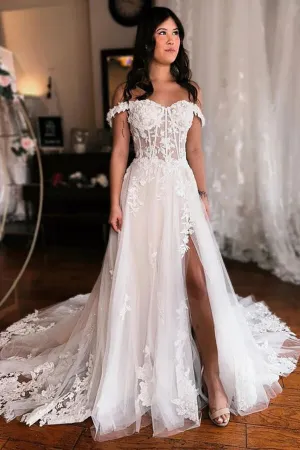 Tulle A-line Off Shoulder Slit Wedding Dresses With Lace Appliques, MW1033
