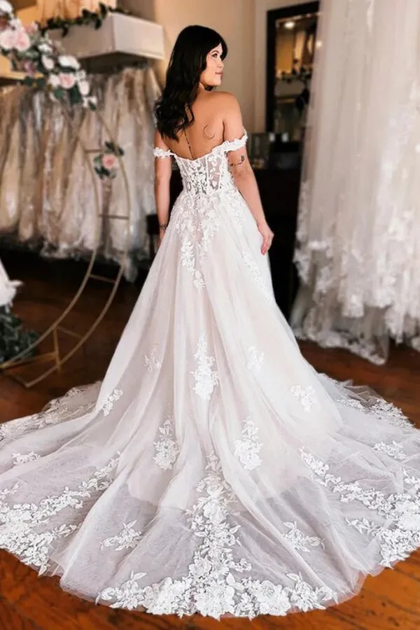 Tulle A-line Off Shoulder Slit Wedding Dresses With Lace Appliques, MW1033