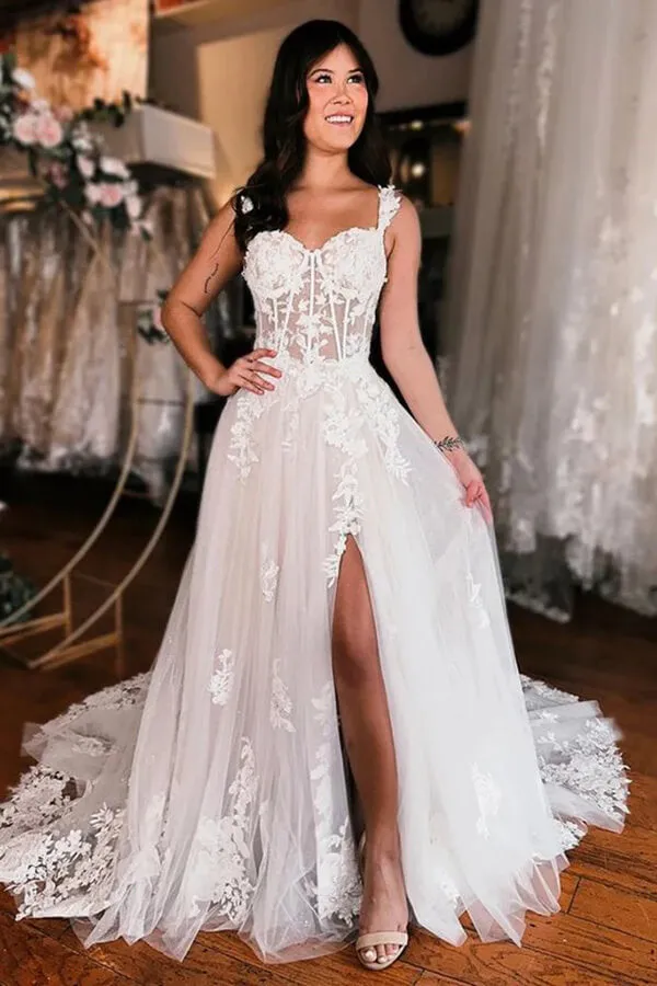 Tulle A-line Off Shoulder Slit Wedding Dresses With Lace Appliques, MW1033