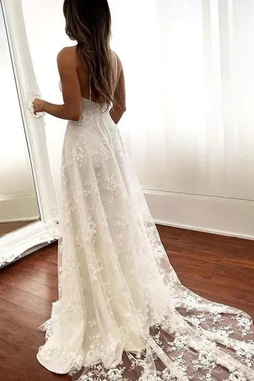 Tulle A-line V-neck Open Back Spaghetti Straps Wedding Dresses With Slit, MW886