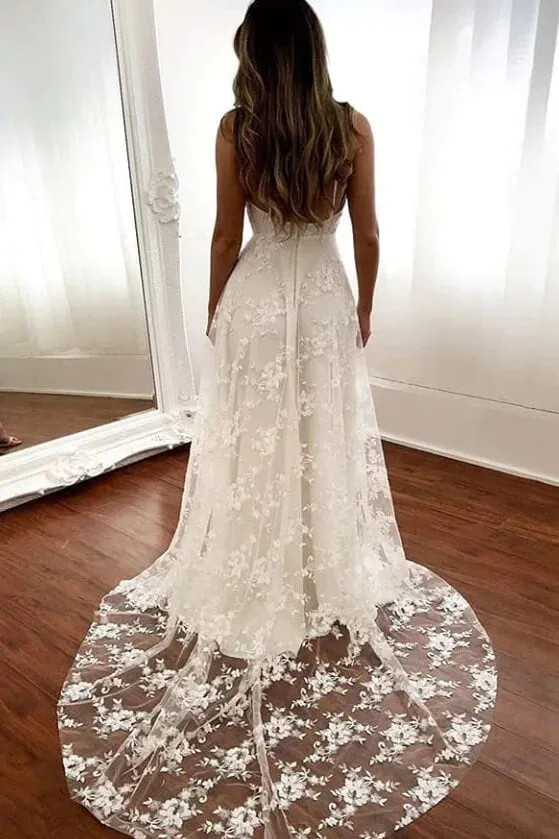 Tulle A-line V-neck Open Back Spaghetti Straps Wedding Dresses With Slit, MW886
