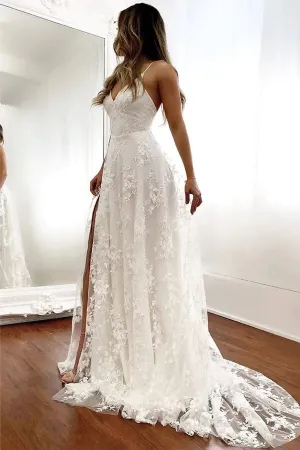 Tulle A-line V-neck Open Back Spaghetti Straps Wedding Dresses With Slit, MW886
