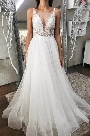 Tulle A-line V-neck Wedding Dresses With Lace Appliques, Bridal Gowns, MW711